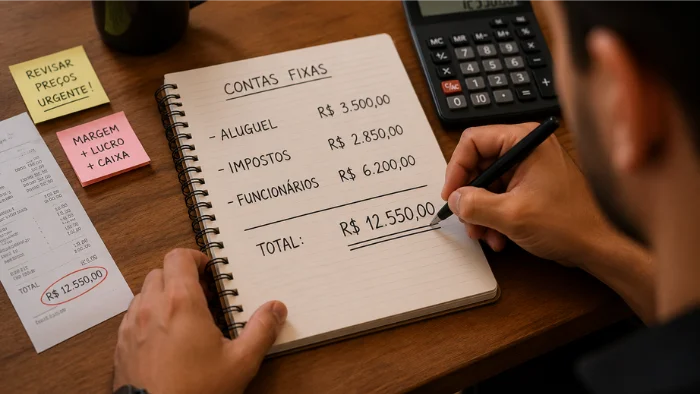 Empresário cercado por contas e taxas
